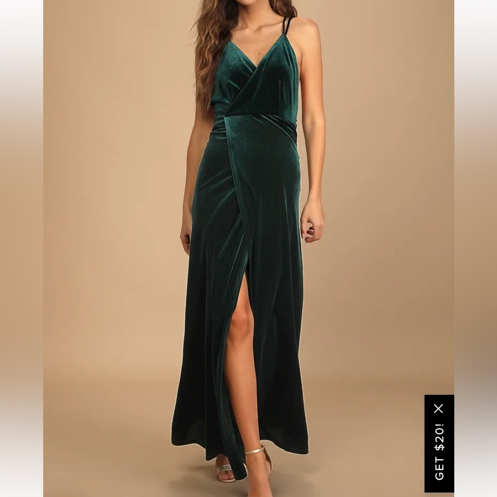 Lulu’s Emerald Green Velvet Faux-Wrap Maxi Dress (worn once)
